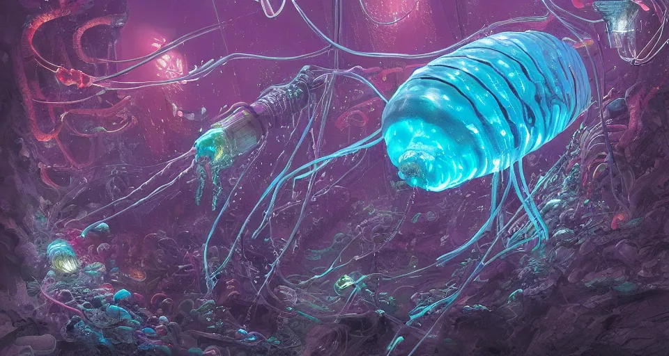Image similar to bioluminescent cyberpunk siphonophore, extreme light, submersible, deep ocean, organic, mariana trench, midnight zone, bubbles, hyper realistic, hyper detailed, digital art, trending in artstation, studio quality, photorealistic, photo, by jesper ejsing, wlop, paul lehr