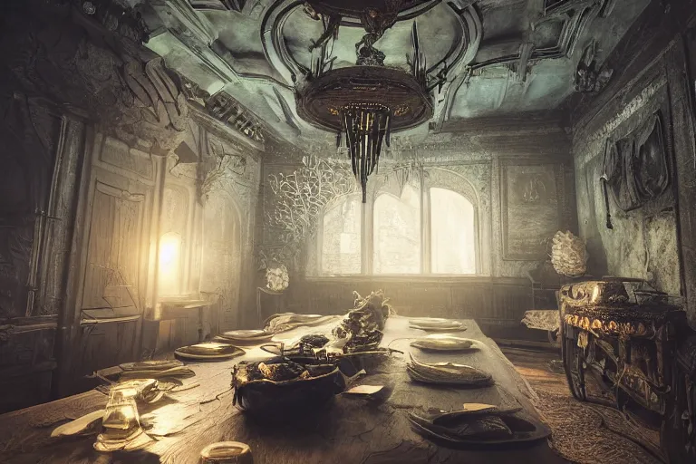 Prompt: dragon age, interior design, intricate, photo - realistic hd, high contrast, cinematographic, superres sharpening. photo - realistic uhdr, hyperrealism, highly detailed, cinematic, luminescence, 3 2 k, high contrast, intricate, mystery, epic, dark fantasy