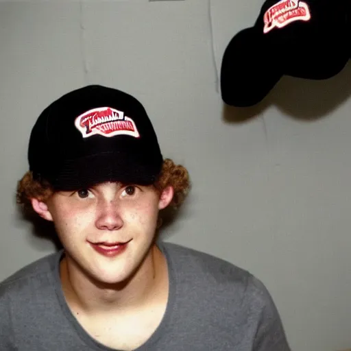 Image similar to 21 year old Jimmy John’s manager with a round head, pale skin and brown curly hair is wearing a black baseball cap and tapping a computer screen on the wall