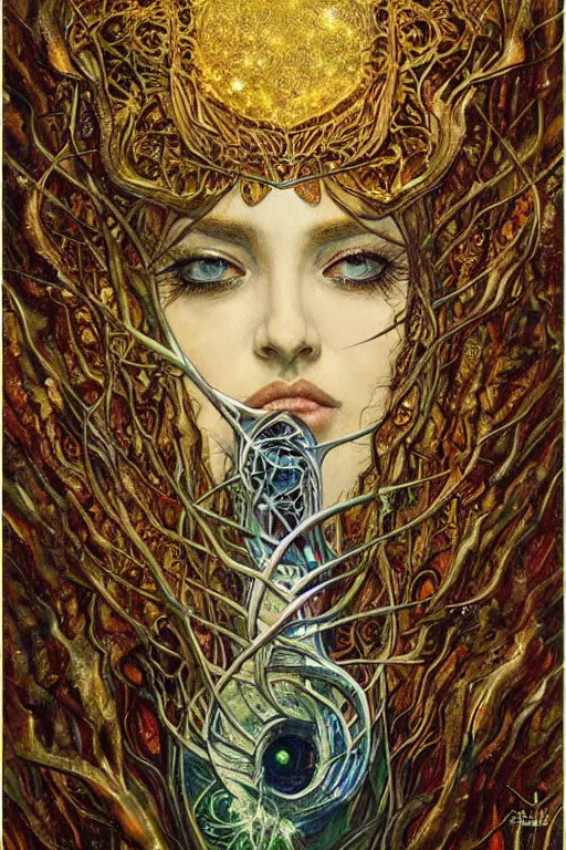 Prompt: The Heart of Thorns by Karol Bak, Jean Deville, Gustav Klimt, and Vincent Van Gogh, otherworldly, fractal structures, arcane, prophecy, ornate gilded medieval icon, third eye, spirals