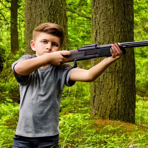 Image similar to in a background green forest, in foreground boy with shotgun, 8 k, ultra detailed, ultra realistic