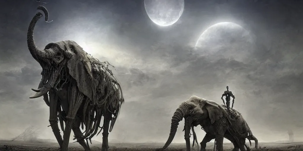 Prompt: a giant cyber ghoul riding a skeletal elephant walking in a extra terrestrial landscape under a multi sun sky, hyper detailed, digital art, trending in artstation, cinematic lighting, studio quality, smooth render, unreal engine 5 rendered, octane rendered, art style by Zdzisław Beksiński and Giger and Brian Froud and Moebius