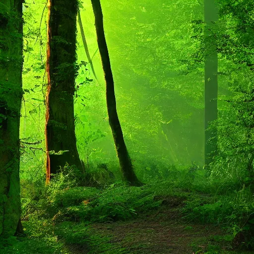 Image similar to A lush green forest in the morning; rays of light coming through the canopy