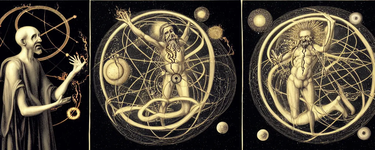 Image similar to a strange alchemical homunculus sings a unique canto about'as above so below'to the cosmos, while being ignited by the spirit of haeckel and robert fludd, breakthrough is iminent, glory be to the magic within, in honor of saturn, painted by ronny khalil