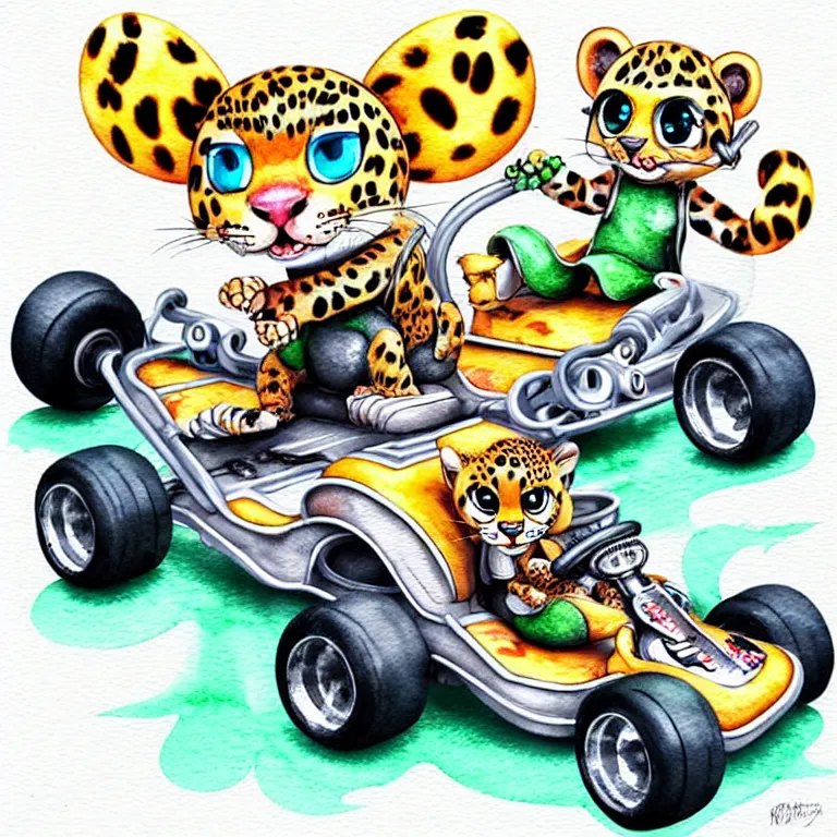 Image similar to cute and funny, baby leopard riding in a tiny go kart with oversized engine, ratfink style by ed roth, centered award winning watercolor pen illustration, isometric illustration by chihiro iwasaki, edited by range murata, tiny details by artgerm and watercolor girl, symmetrically isometrically centered