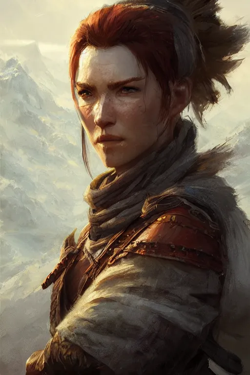 Image similar to the elder scrolls vi, charismatic rugged female nord warrior portrait, illustration, highly saturated colors, rim light, top light, perfectly shaded, soft painting, art by krenz cushart and wenjun lin