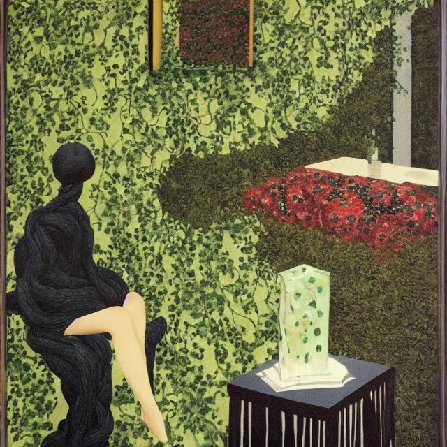 Image similar to a pathology student in her apartment, wrapped in vines, stepping stones, octopus, berries, black walls, ikebana, black armchair, sculpture, moss, acrylic on canvas, surrealist, by magritte and monet