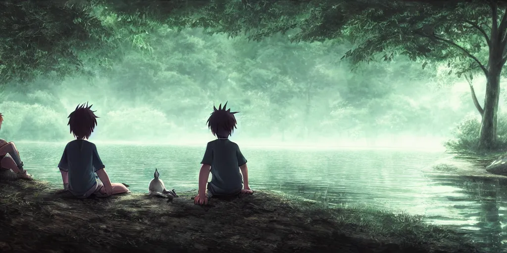 Image similar to a silver dragon and a boy sitting next to lake in forest, many fireflys, at night, concept art, dof, cryengine, digital art, detailed background, makoto shinkai