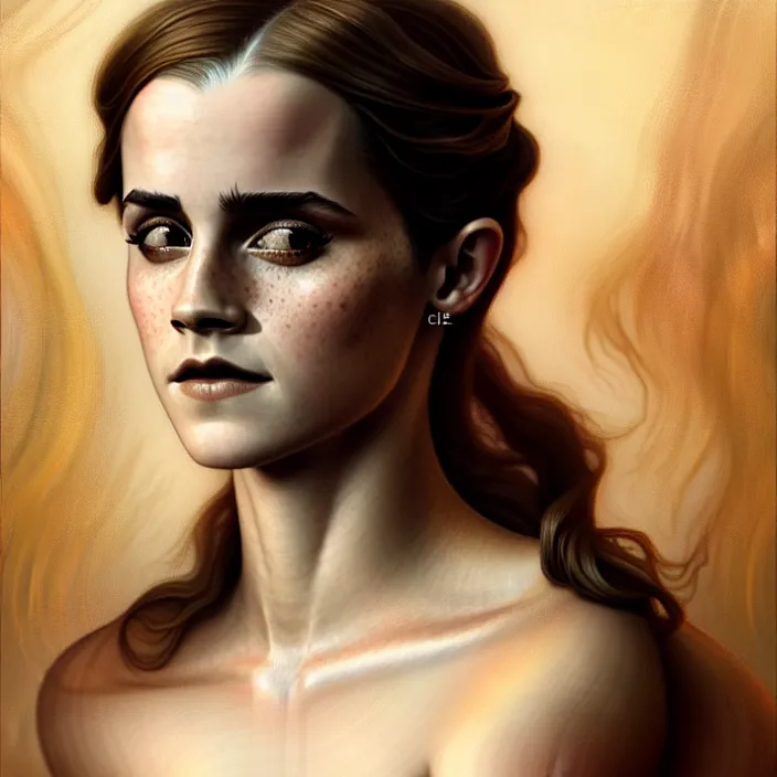 Prompt: ancient queen emma watson, symetrical, diffuse lighting, fantasy, intricate, elegant, highly detailed, lifelike, photorealistic, digital painting, artstation, illustration, concept art, 4 k, smooth, sharp focus, art by john collier and albert aublet and krenz cushart and artem demura and alphonse mucha