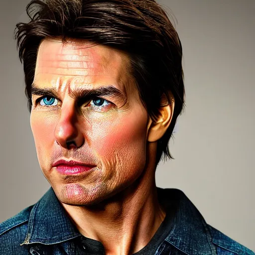 Prompt: a portrait photo of 40 year old tom cruise, with a sad expression, looking forward