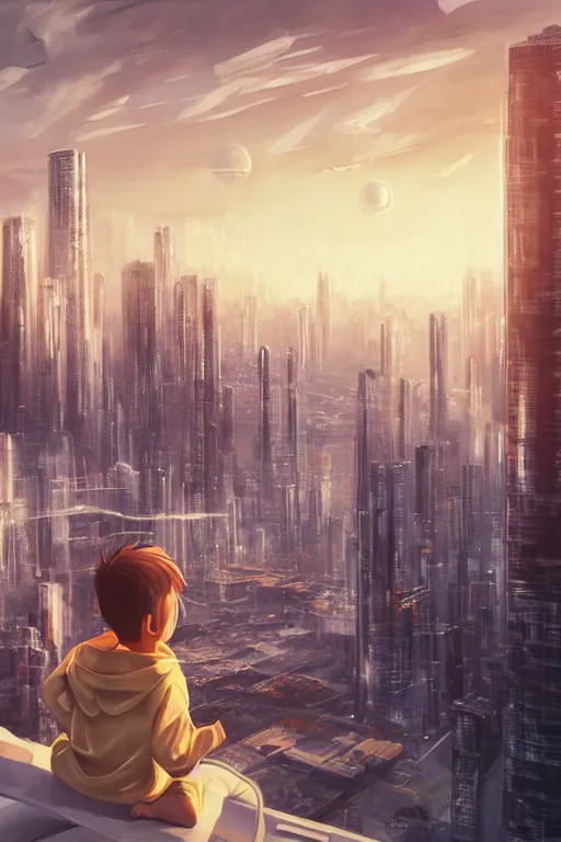 Image similar to young boy in white tracksuit overlooking a futuristic city, golden hour, dreamy, beautiful clouds, beautiful artwork by Makato Shinkai, futuristic