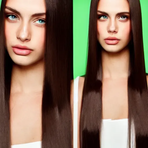 Image similar to add long straight hair to photo, very pretty model, heart shaped face, green eyes