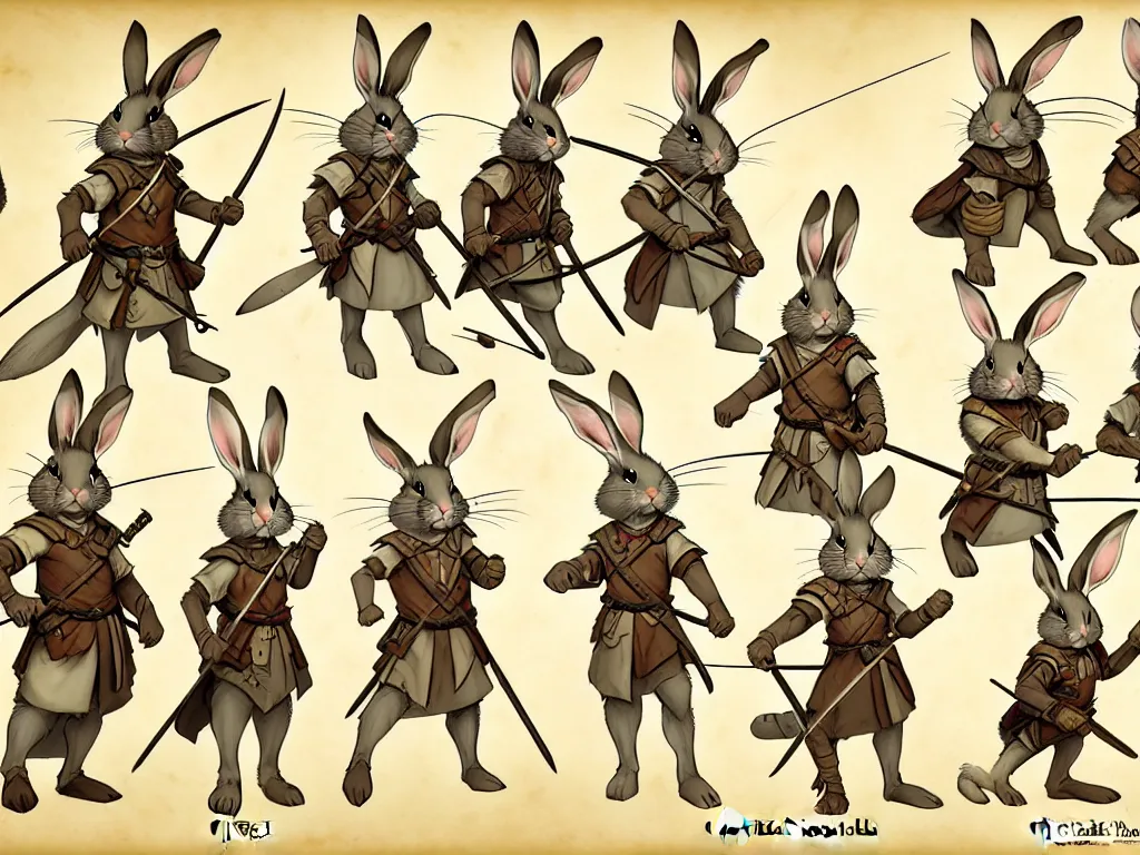 Image similar to character design sheet for a group of heroic rabbit archers on a parchment background, redwall, greg rutowski and jean baptiste monge, very very detailed, epic fantasy concept art