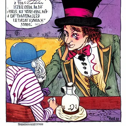 Prompt: The Mad hatter is on a date with Alice, Milo Manara style