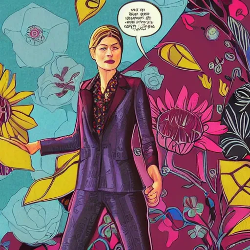 Prompt: rosamund pike as the doctor, dark - hair, wearing a colourful floral pattern suit, bold complementary colours, 2 d matte, graphic novel, art by michael choi and pepe larraz,
