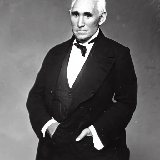 Image similar to An 1840\'s photograph of Roger Stone in a dress