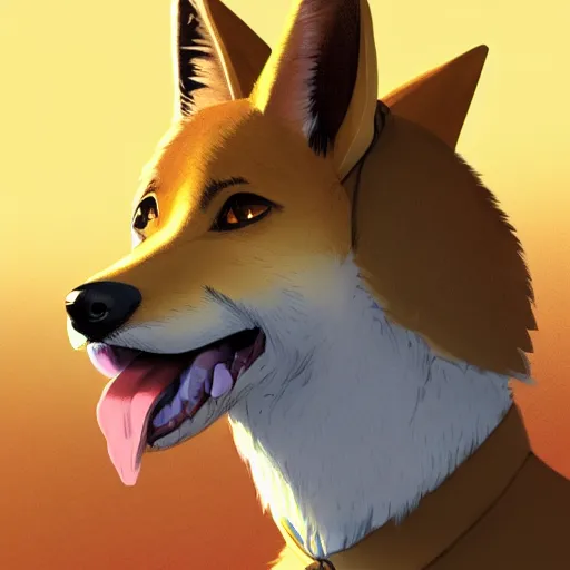 Image similar to stylized three quarters portrait concept art of the anthro anthropomorphic dingo dog head animal person fursona wearing clothes adventurer standing in australia outback, hidari, color page, tankoban, 4 k, tone mapping, akihiko yoshida, clean bright happy