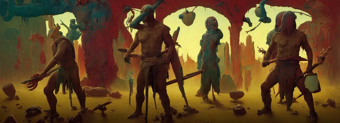 Image similar to full - body portrait surreal colorful clay fighting artstation rpg barbarian character concept art anatomy, action pose, very coherent and colorful high contrast masterpiece by norman rockwell franz sedlacek hieronymus bosch dean ellis simon stalenhag rene magritte gediminas pranckevicius, dark shadows, sunny day, hard lighting, reference sheet white! background
