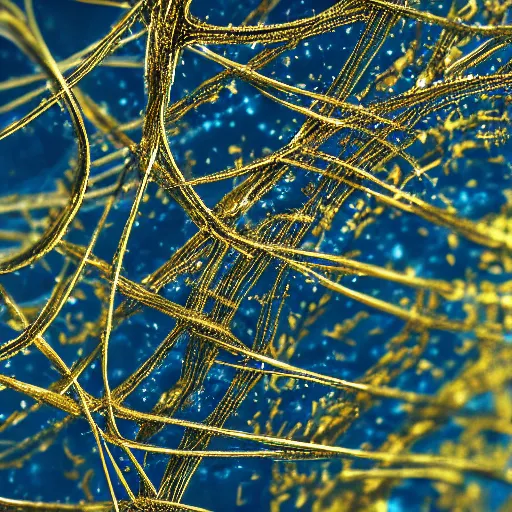 Prompt: macro photography of gold threads on dark liquid forming a neural network, photoreal, intricate textures, hyper real-n4