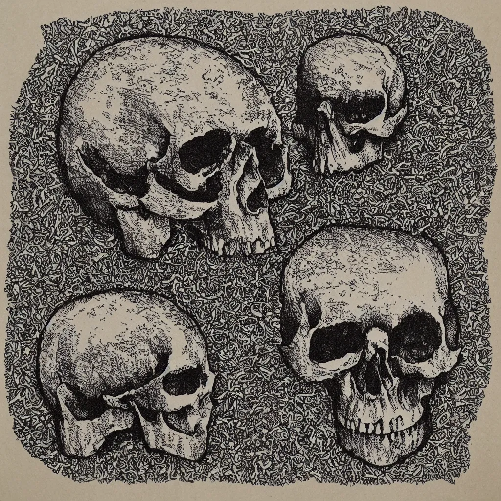 Image similar to blockprint of a skull