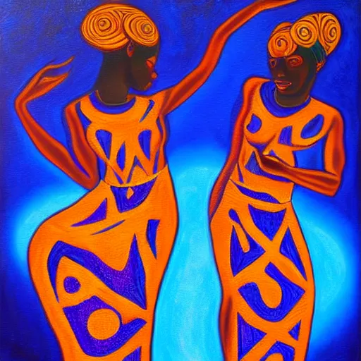 Image similar to african women dancing around a blue glowing portal to another dimension by amanda sage, oil on canvas, trending on artstation