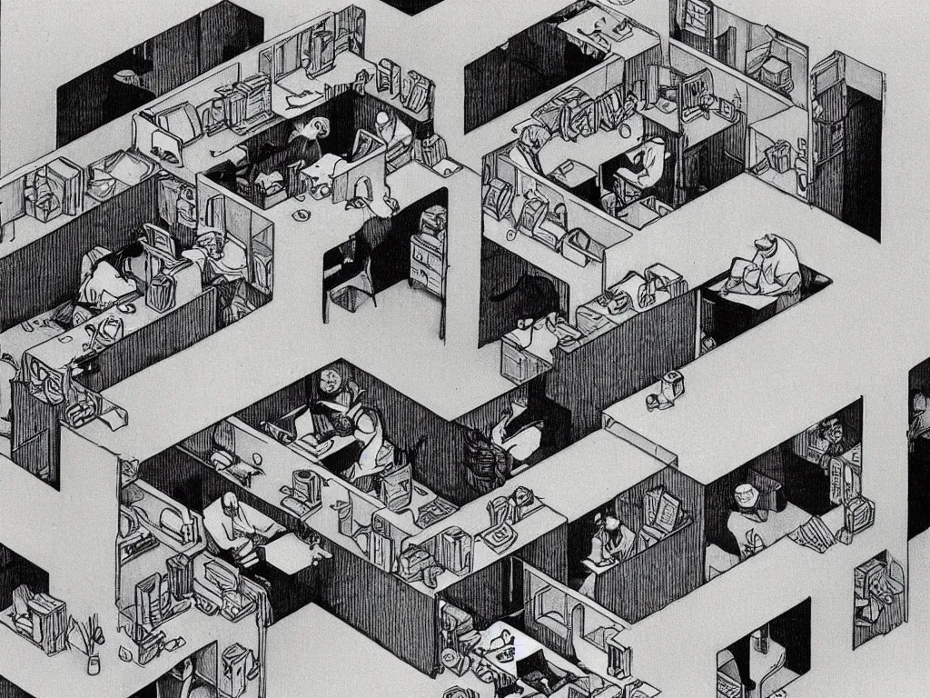 Image similar to coffee break in 9 0 s cubicle office by m. c. escher