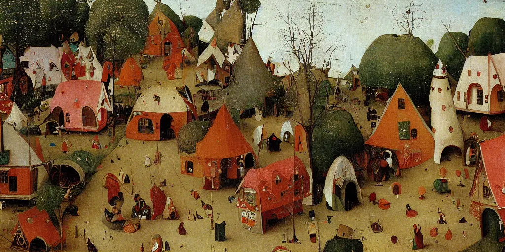 Prompt: Detailed painting of gingerbread Campground cottages in Oak Bluffs, by Hieronymus Bosch