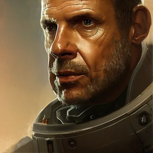 Image similar to portrait of a man by greg rutkowski, michael biehn as an space security officer, he is about 6 0 years old, military composure, wearing the tactical gear of weyland company, highly detailed portrait, digital painting, artstation, concept art, smooth, sharp foccus ilustration, artstation hq