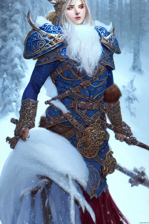 Image similar to azure viking warrior, regal, elegant, winter, snow, beautiful, stunning, hd, illustration, epic, d & d, fantasy, intricate, elegant, highly detailed, digital painting, artstation, concept art, smooth, sharp focus, illustration, wallpaper, art by artgerm and greg rutkowski and alphonse mucha and jin xiaodi