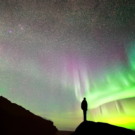 Image similar to 4K Epic Ultra HD detailed award-winning wallpaper silhouette of lonely man standing on rock looking at huge vast sky universe Milky Way aurora