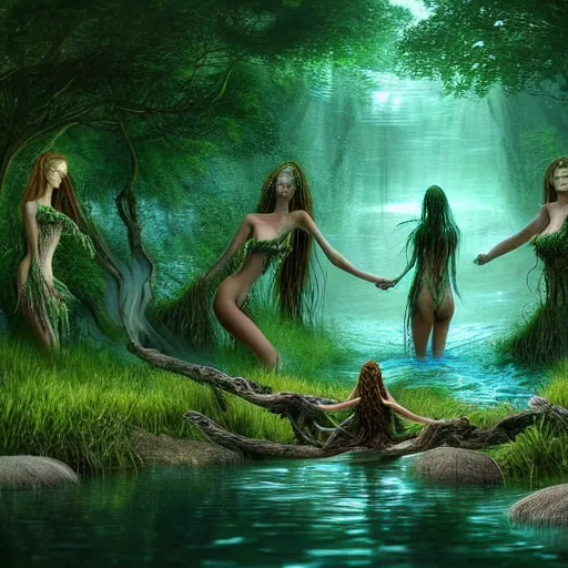 Image similar to beautiful digital fantasy illustration of A woody green field with a stream running through it, with a group of dryad women standing in the water. They seem to be preparing to submerge themselves in the cool, clear waters of the stream. a creepy creature standing in front of a mirror!, cgsociety, fantasy art, highly detailed, soft lighting, rendered in octane, masterpiece, very very very aesthetic