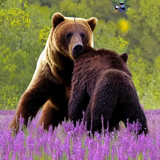 Image similar to realistic photo of a human - size black spider fighting a grizzly bear in a meadow