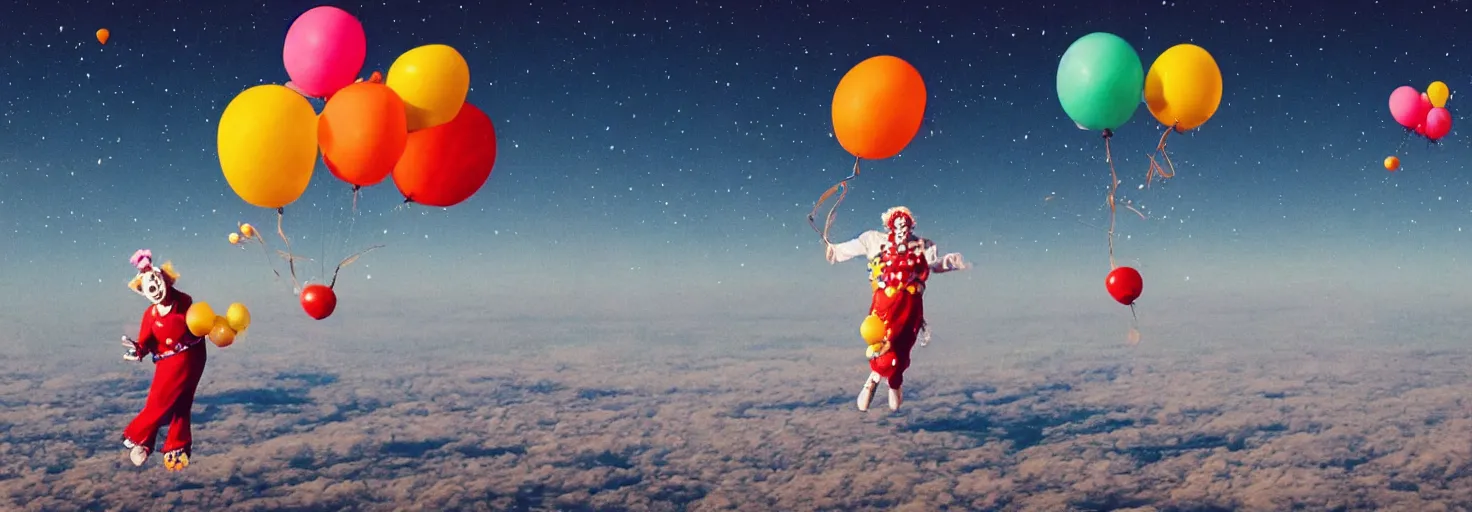 Image similar to A clown and balloons floating in space, planet Earth in the background, inspiring, epic, cinematic, award-winning, highly-detailed