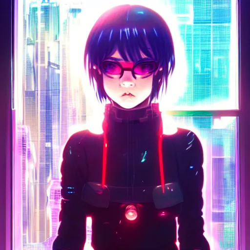 Prompt: cyberpunk anime art, refractions on lens, mark hamill as a beautiful cyborg girl in the style of arcane, full round face, biomechanical details, full body shot, rain, wet street, window reflections, lens flare, wlop, ilya kuvshinov, artgerm, krenz cushart, greg rutkowski