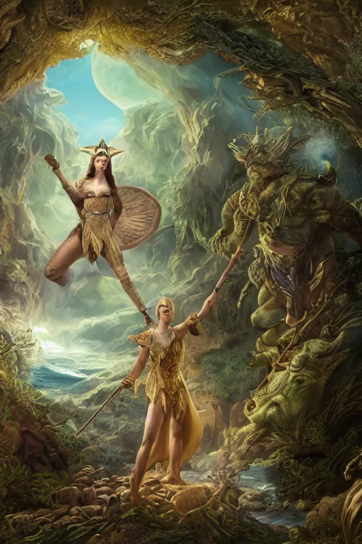 Image similar to A fantasy book style portrait painting of the Great Turtle Island at the center of the Universe, accompanied by a hybrid, Anya_Taylor-Joy, Cory Chase, Eva Green, as a Mystical Valkyrie, Anubis-Reptilian, Atlantean Warrior, François Boucher, Oil Painting, Crisp clear resolution, unreal 5, DAZ, hyperrealistic, octane render, Regal, Refined, Detailed Digital Art, RPG portrait, Walt Disney (1937), William-Adolphe Bouguereau, Michael Cheval, Steampunk, Volumetric Golden dappled dynamic lighting, Highly Detailed, Cinematic Lighting, Unreal Engine, HD, 8k, HD