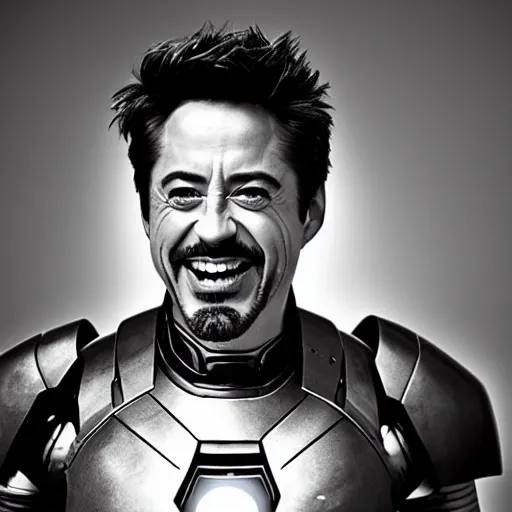 Image similar to B&W outtake of Robert Downey Junior laughing as iron man (2008) 35mm getty