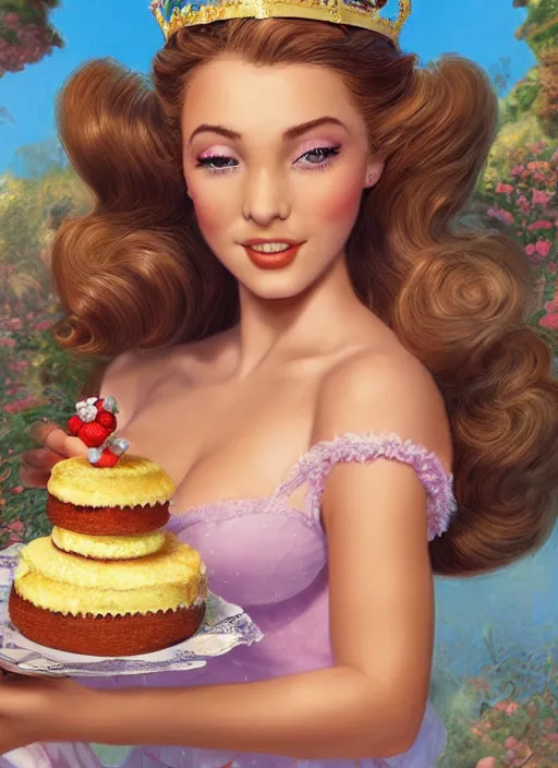 Image similar to closeup face profile portrait of a fairytale princess wearing a crown eating cakes, bikini, depth of field, zeiss lens, fashion photoshoot, by dan decarlo, bob clampett, bill ward, earl norem, max fleischer, breathtaking, 8 k resolution, extremely detailed, beautiful, establishing shot, artistic, hyperrealistic, octane render