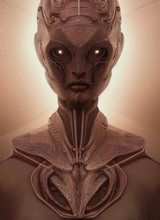 Image similar to beautiful portrait of an alien cyborg, style of Feng Zhu, Artstation geometric, aesthetic, big eyes, smooth skin, angelic, dreamlike, unique features, symmetrical, intricate crown, high fashion, streetwear, cyberpunk, detailed, octane render, cinematic, 8k, brown skin, retro sci fi film, Stanisław Szukalski + Moebius,