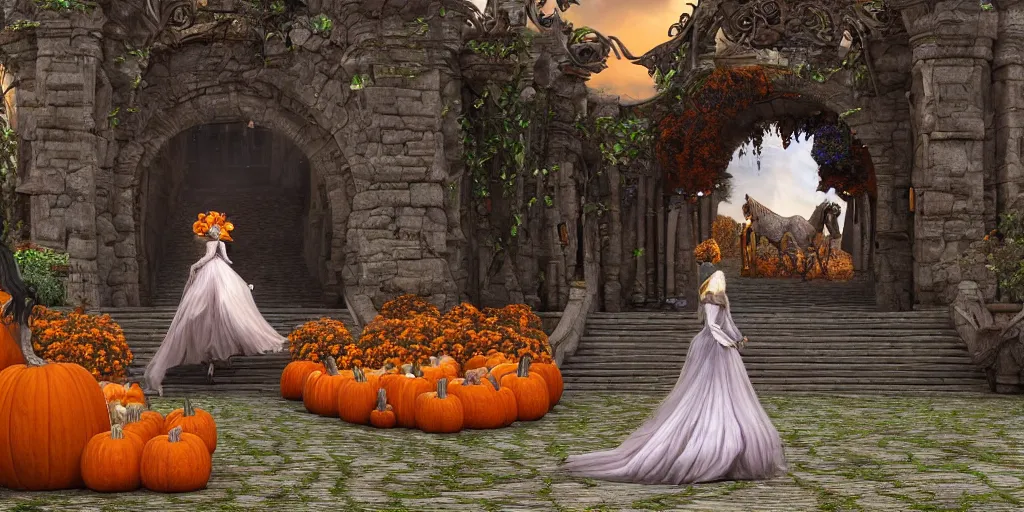 Prompt: fairytale princess entering the gates of her majestic palace of flowers with horse carriage made of pumpkins epic scene unreal render hyperrealistic detail Star Wars