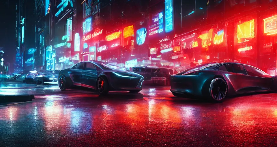 Image similar to close up macro shot of a tron tesla car on wet city street at night, intricate, hyper detailed, smooth, high contrast, neon, volumetric lighting, octane, moebius, greg rutkowski, blade runner, ripley scott, cindmatic