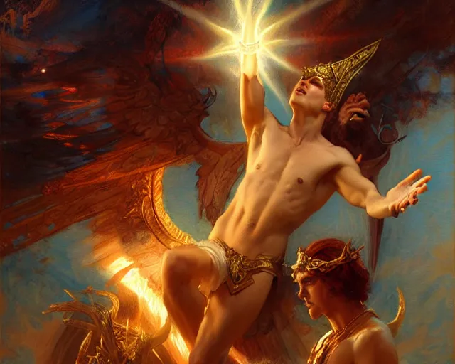 Image similar to attractive pagan male deity, summoning handsome lucifer morning star. highly detailed painting by gaston bussiere, craig mullins, j. c. leyendecker 8 k