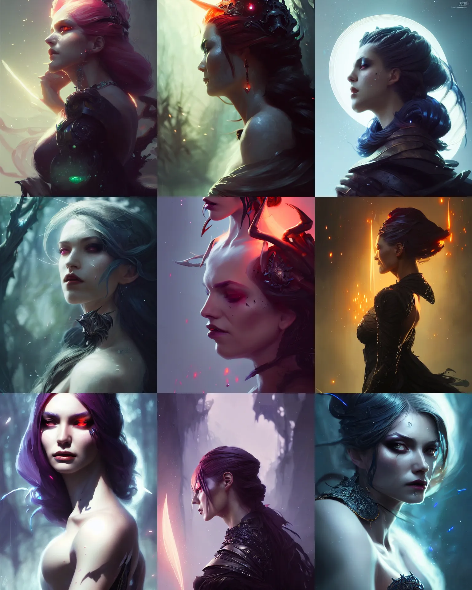 Prompt: side portrait female, hot attractive super villain evil sorceress witch, fantasy forest landscape, fantasy magic, dark, intricate, elegant, sharp focus, illustration, highly detailed, digital painting, lens flare, bloom, concept art, matte, art by ruan jia and wlop and greg rutkowski, masterpiece