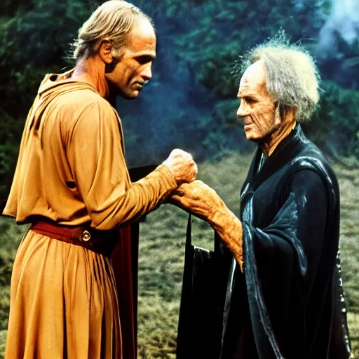 Prompt: terence hill dressed as a cultist and summoning an elder being through a pentacle