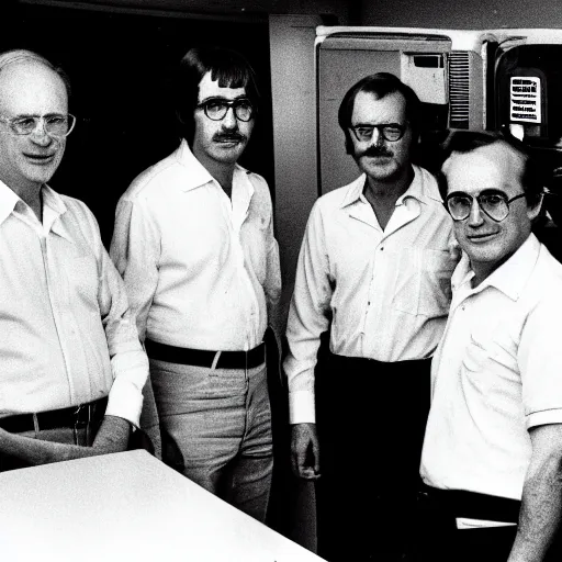 Prompt: photograph of 4 old men wearing white polo shirts and black khaki pants working behind the counter of an enterprise rent - a - car in 1 9 7 5