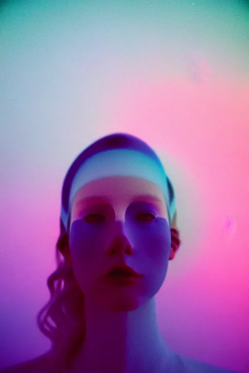 Image similar to high quality pastel coloured film close up wide angle photograph of a model wearing clothing swimming on cloud furniture in a icelandic black rock!! environment in a partially haze filled dreamstate world. three point light, rainbow. photographic production. art directed. pastel colours. volumetric clouds. pastel gradient overlay. waves glitch artefacts. extreme facial clarity. 8 k. filmic.