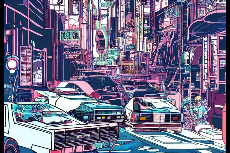 Prompt: 1985 Vector W8 Twin Turbo, city in anime cyberpunk style by Hayao Miyazaki