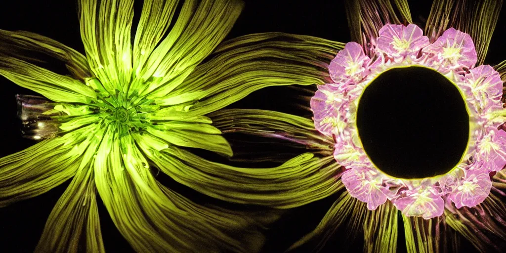 Image similar to a widescreen photo of a biomechanical bioluminescent flower macro by steve mccurry