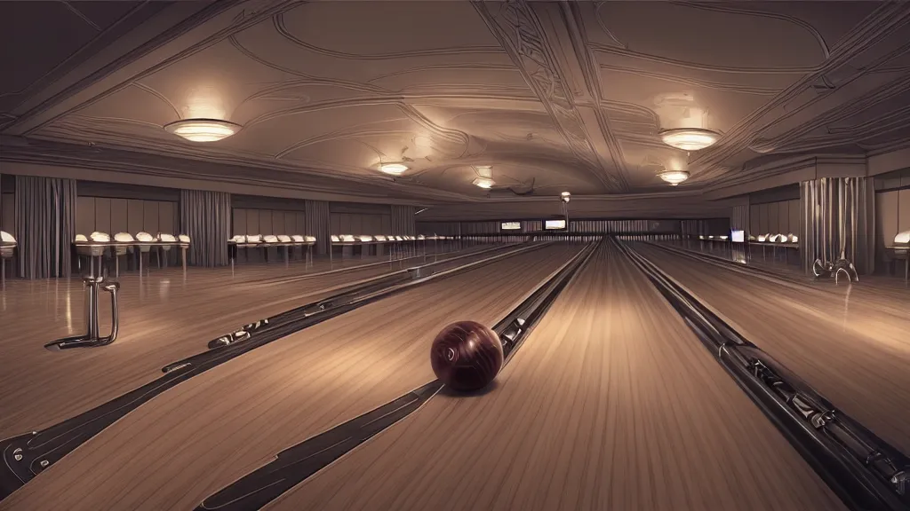 Prompt: art deco bowling alley, ultra detail, photoreal, soft moonlight lighting, realistic, wide angle, sharp focus, 8 k high definition, insanely detailed, intricate, elegant, art by artgerm and wlop