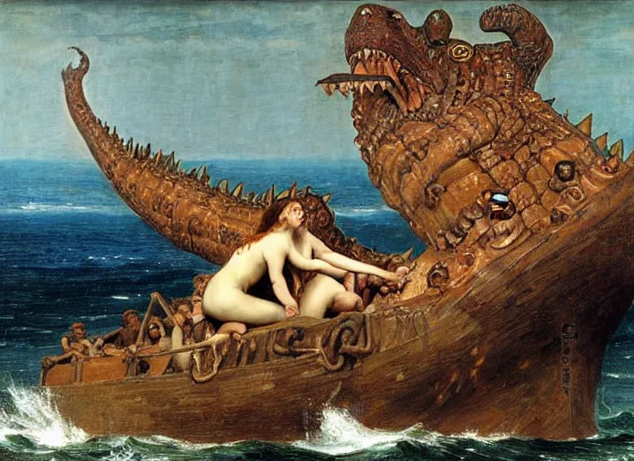 Image similar to the raft of the medusa with godzilla standing in the water, painting by lawrance alma - tadema