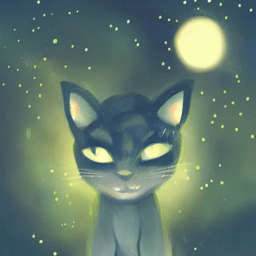 Prompt: portrait of a cat in a forest at night with fireflies, trending on artstation, furry art, by kawacy, night lighting, digital art, dreamy, bokeh